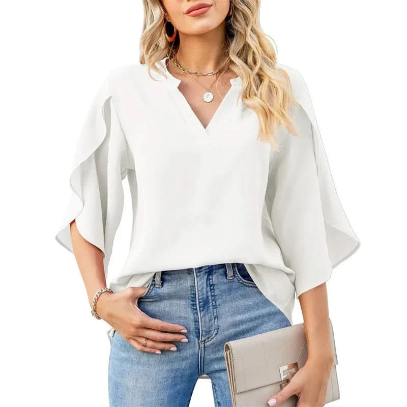 Women Summer Style Chiffon Blouses Shirts Lady Casual Short Flare Sleeve V-Neck Loose Blouse Tops - M & M Global