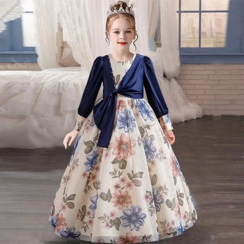 Girls flower pearl long sleeved princess dress 4-12 years old elegant bow printed long dress carnival birthday party performance - M & M Global