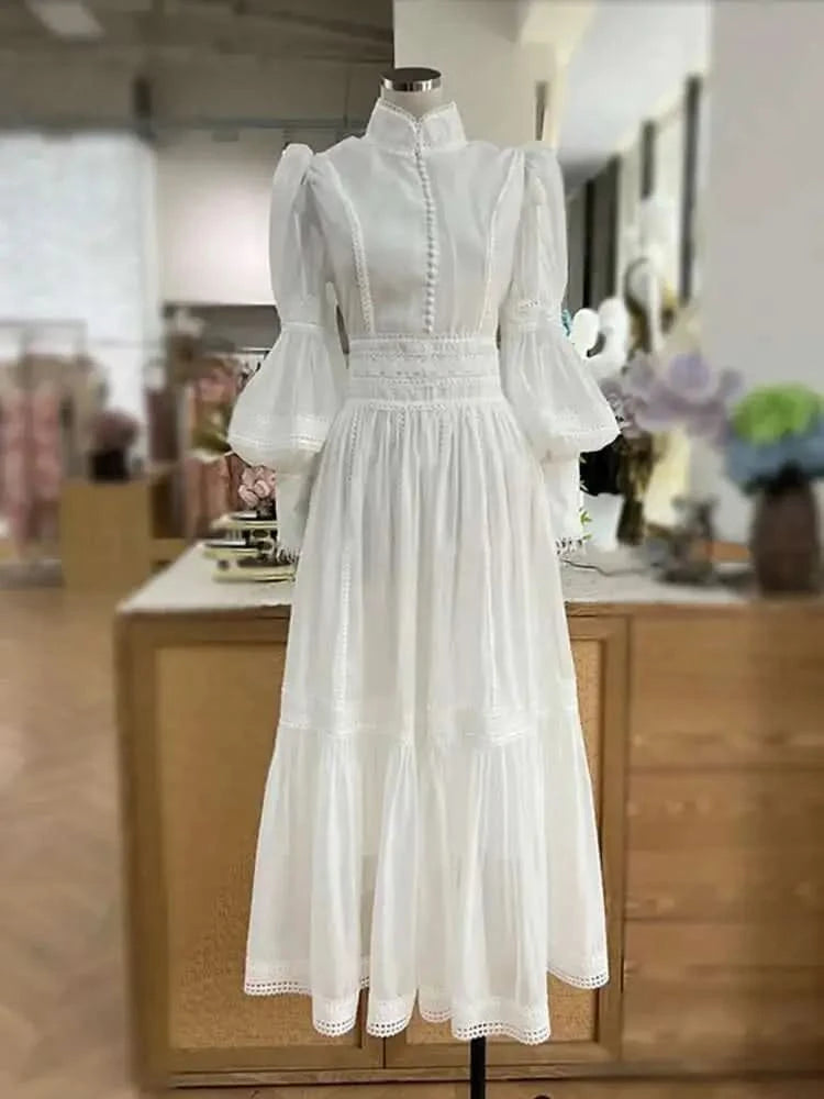 UCXQ Elegant Long Dress Fairy Style Stand Up Collar Lantern Sleeves Splicing Waist Fashion Dresses Women 2025 Spring Autumn 1351 - M & M Global