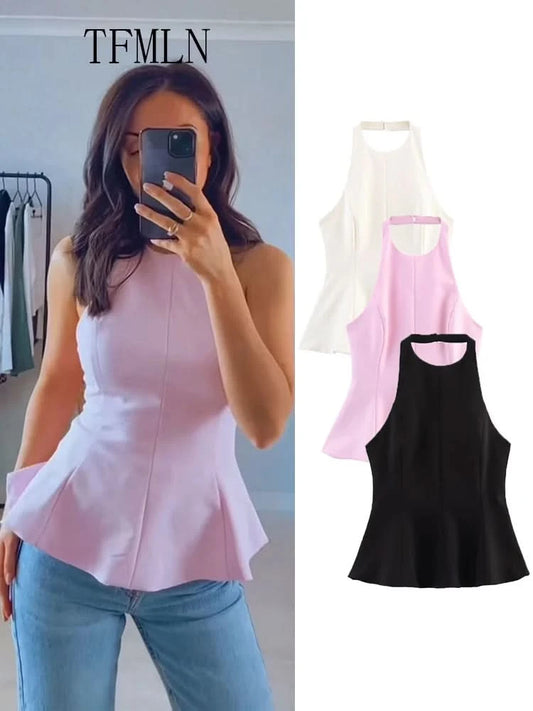 TFMLN Women's Sexy Halter Vest Tops 2025 New Sleeveless Tank Tops Fashion Women Casual Summer Elegant Backless Sexy Tops Pink - M & M Global