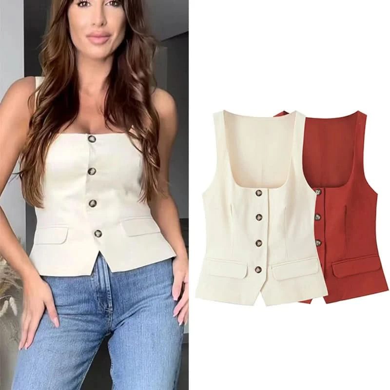 TFMLN 2025 Summer Women Sleeveless Solid Vests Chic Square Neck Office Waistcoat Female Single-breasted  Outwear Tops - M & M Global