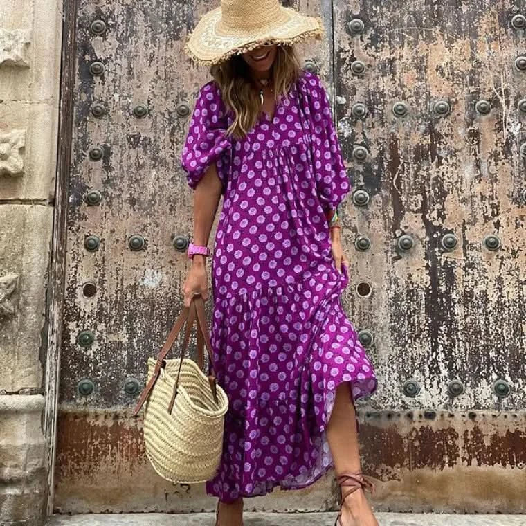Summer Puff Sleeve Long Dress Women Geometric Print Half Sleeve Dress Boho V-Neck Loose Holiday Beach Dress Vestidos - M & M Global