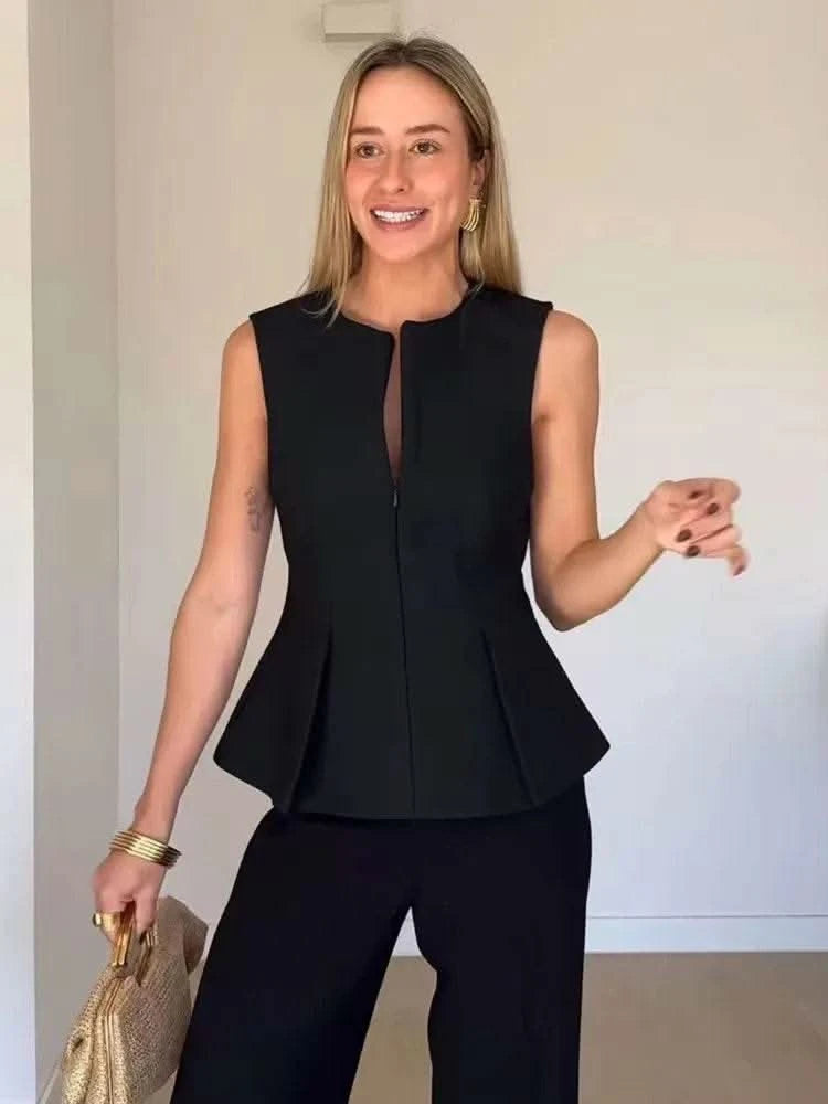 2025 Summer Women Solid Zipper Vintage Causal Sleeveless O Neck Tank TShirt Fashion Slim Pleated Vest High Street Folds Top - M & M Global