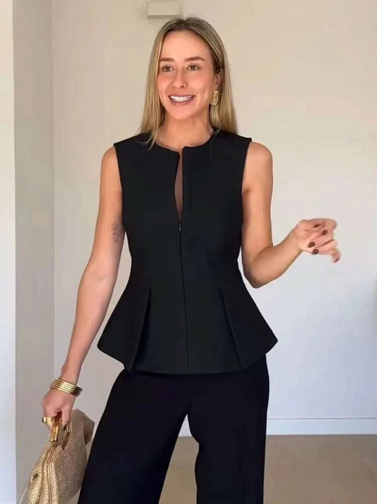2025 Summer Women Solid Zipper Vintage Causal Sleeveless O Neck Tank TShirt Fashion Slim Pleated Vest High Street Folds Top - M & M Global