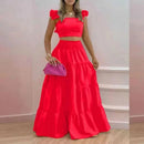 Dress Set Two-piece Women's Clothing Solid Color Sexy Suspender Large Swing Skirt Short Sleeved Square Neck Top Summer Outfits - M & M Global