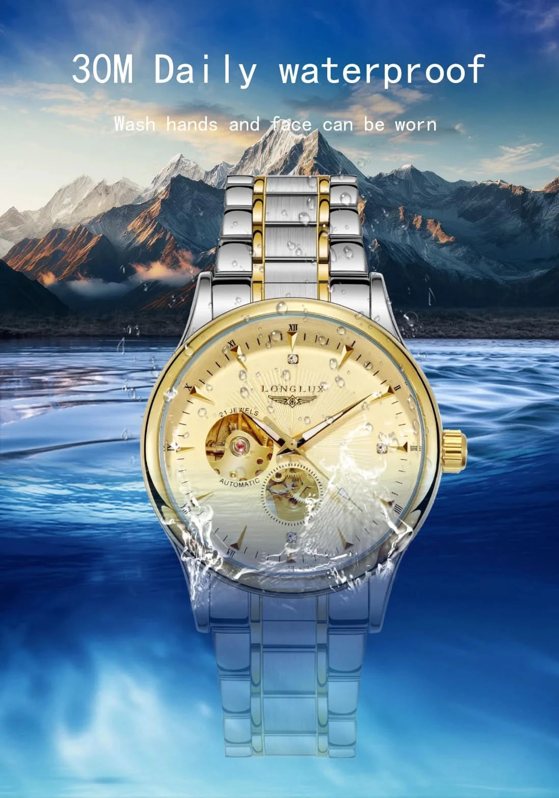 LONGLUX Men automatic mechanical watch elegant luxury watches waterproof skeleton business wholesale stainless steel gift watch - M & M Global