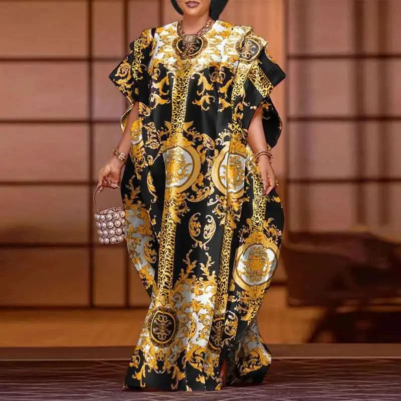 VONDA Plus Size 5XL Elegant Maxi Long Dress 2024 Fashion Satin Dress Sexy Printed Patchwork Bat-wing Sleeve Vestidos Ruffle Robe - M & M Global