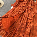 Purple/Brown/Red Chiffon Pleated Long Dress Women Vintage V-Neck Flare Sleeve Draped Ruffle Vestido Female Maxi Robe Spring Fall - M & M Global