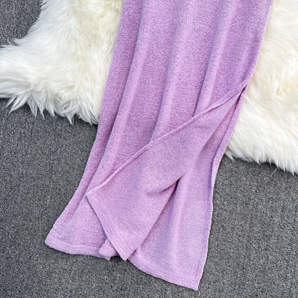 Blue/purple Summer Knit Sexy Strap Dress Women Tank Elatic Waist Bodycon Sundress Female Beach Split Backless Maxi Long Dress - M & M Global