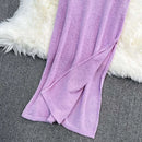 Blue/purple Summer Knit Sexy Strap Dress Women Tank Elatic Waist Bodycon Sundress Female Beach Split Backless Maxi Long Dress - M & M Global