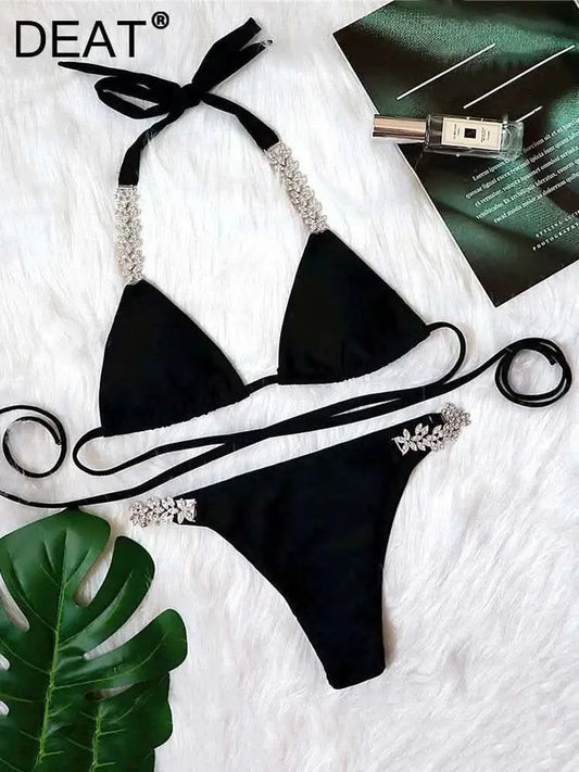 DEAT Sexy Lace-up Swimsuit Women's Solid Color Cross Hollow Out Design Bikini Two-piece Set Beach Party 2025 Summer New 11XX0987 - M & M Global