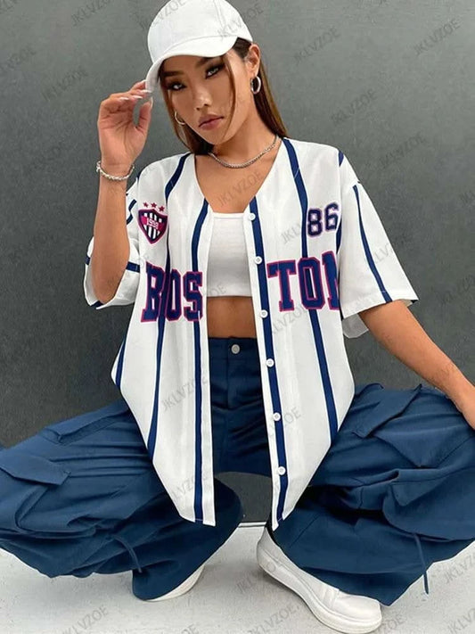 Boston Printed 2024 Summer Oversize Blouse Women Streetwear Baseball Shirt Cool Hip Hop America Half Sleeve Button Up Tops - M & M Global