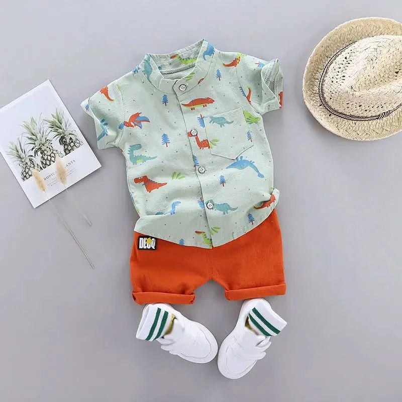 Infants and Toddlers Covered in Printed Cartoon Dinosaur Stand-up Collar Shirt Short Sleeve 2 Piece Set - M & M Global