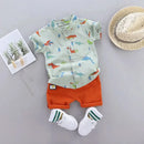 Infants and Toddlers Covered in Printed Cartoon Dinosaur Stand-up Collar Shirt Short Sleeve 2 Piece Set - M & M Global