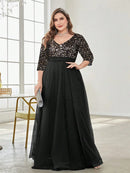 Plus Size Elegant V-neck Sequins Splicing Evening Dresses Luxury Women Wedding Party Prom Long Sleeve Cocktail Gowns