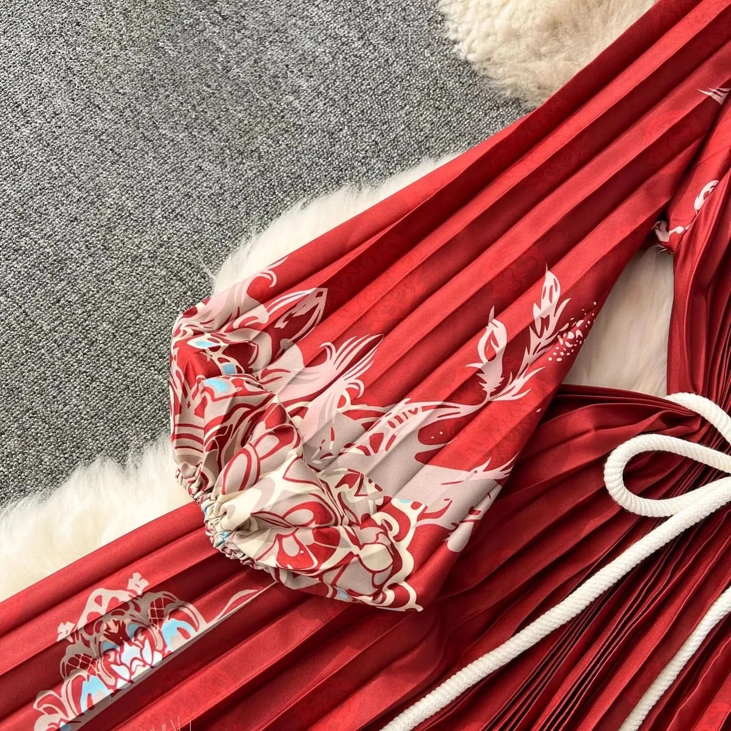 Spring Holiday Print Long Dress For Women Fashion Loose Lantern Sleeve Party Robe Female Big Swing Tassels Belt Pleated Clothes - M & M Global