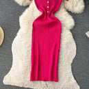 Summer Elastic Women Solid Knit Dress Summer Rose Red Retro Loose Sundress Sets 2024 bodycon Streetwear Sheer Beach Long Dress - M & M Global