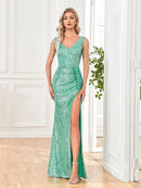 Elegant V-neck Sequins Slit Floor Length Formal Evening Dresses Luxury sleeveless Bridesmaid Wedding Party Beading Cocktail Gown