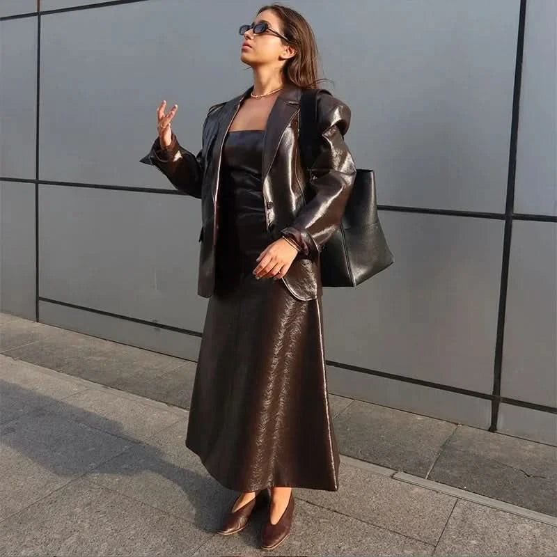 PU Leather Strapless Dresses Coat Women's Two Pieces Set Vintage Tube Sleeveless Slim Long Dress Lapel Jackets Street Outfits - M & M Global