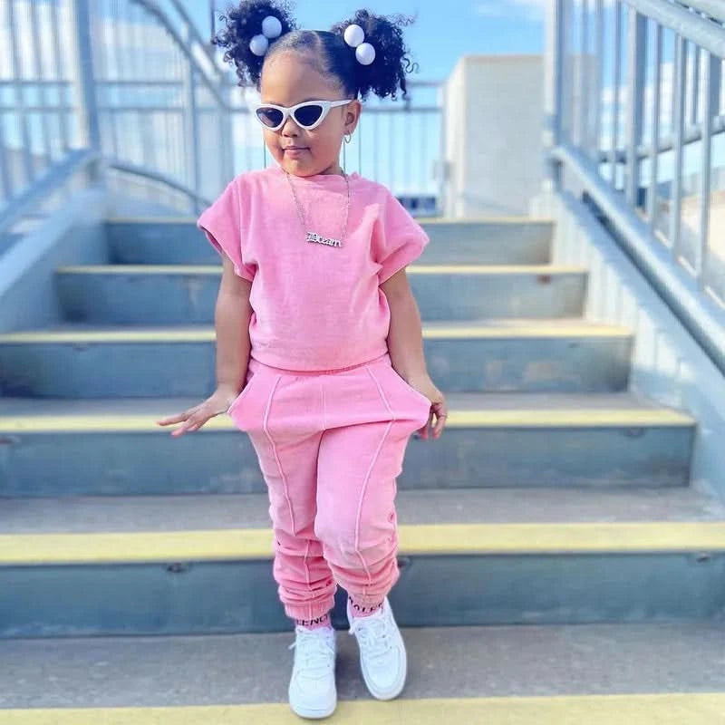 Fashion Kids Little Girls Clothing 2 Pieces Sets Cotton Solid Casual T-shirt+Elastic Waist Pants Young Children Outfits 1-6Y - M & M Global