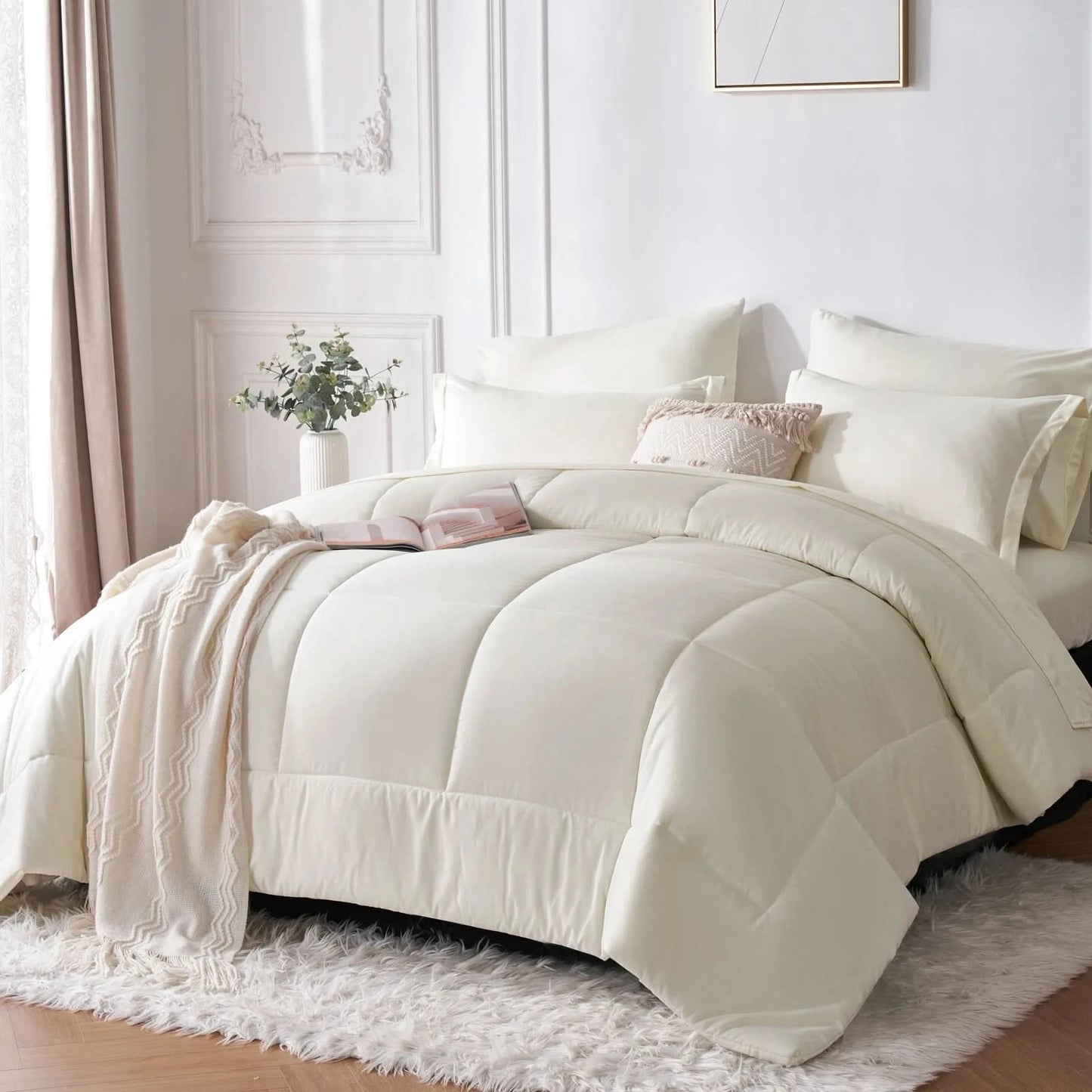 7-Piece Bed in a Bag Comforter Set Queen – Stylish Solid Geometric Bedding Set with Comforter, Sheets & Pillowcases – Modern Design, Ideal Gift
