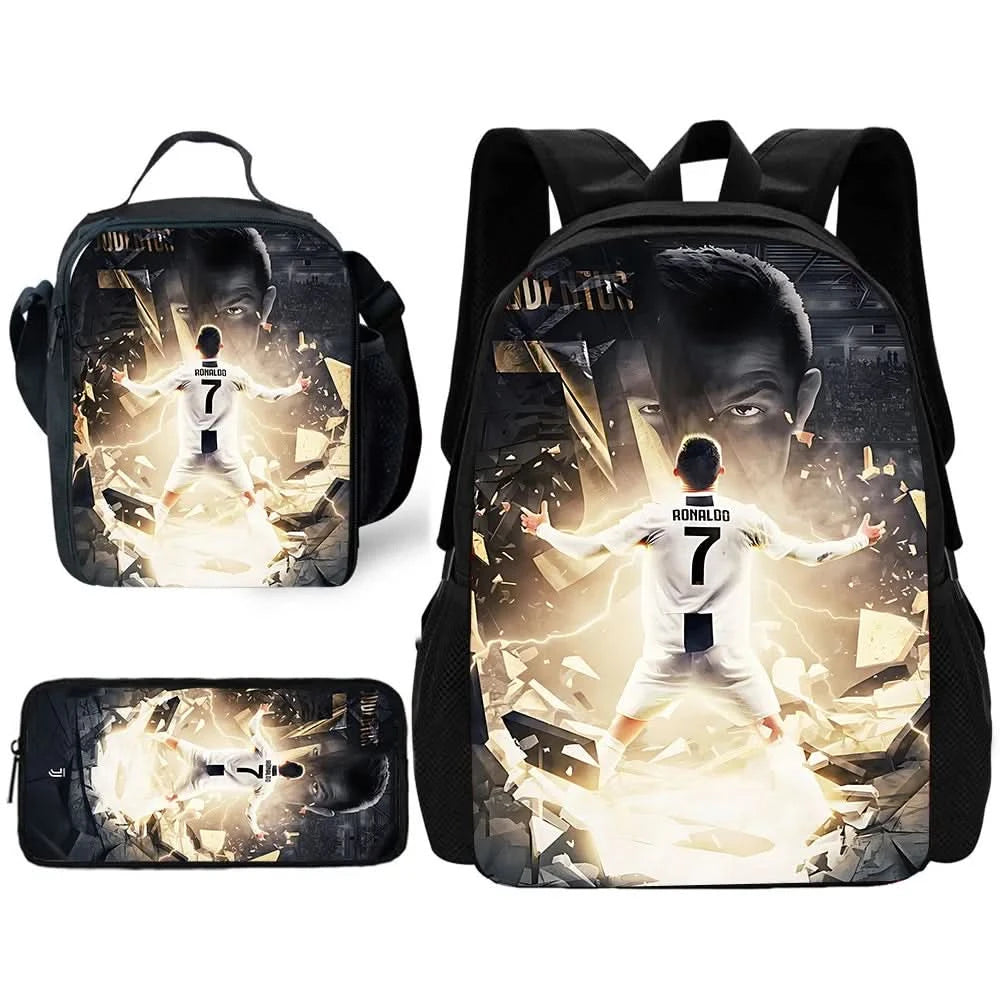 pcs set Football CR7 Star Child School Backpack with Lunch Bags Pencil Bags School Bags for R-Ronaldos Boys Girls Best Gift - M & M Global