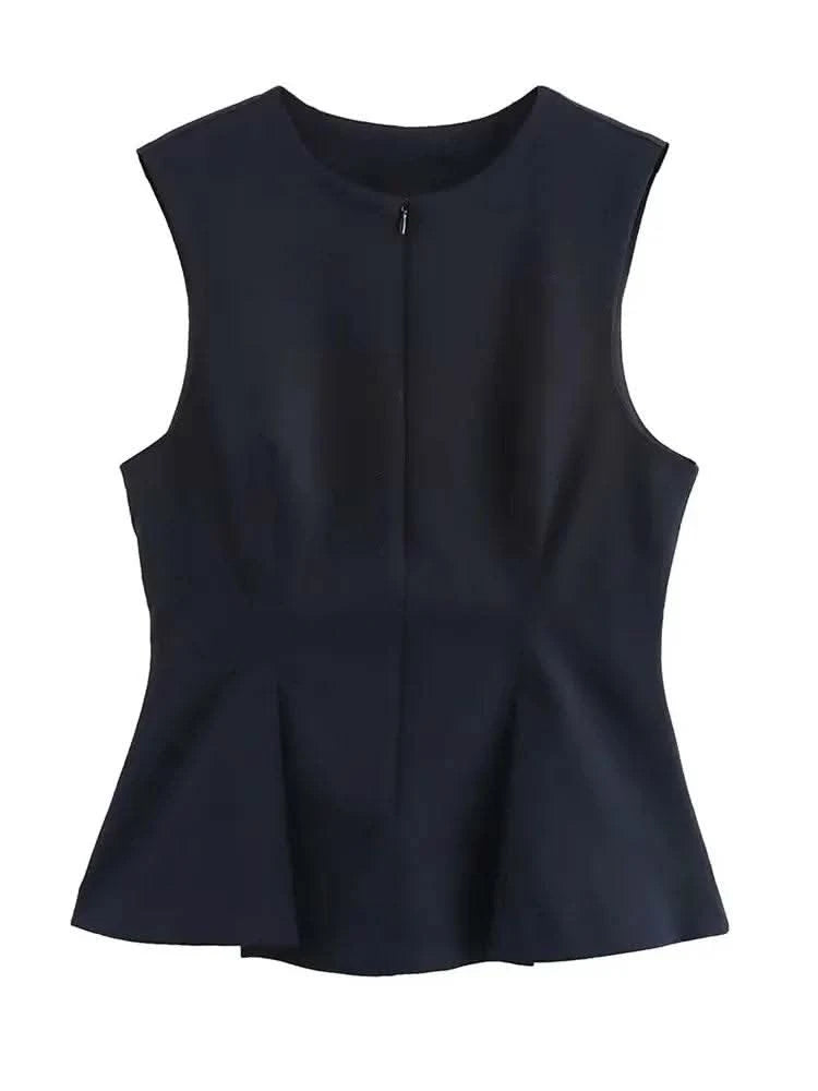 2025 Summer Women Solid Zipper Vintage Causal Sleeveless O Neck Tank TShirt Fashion Slim Pleated Vest High Street Folds Top - M & M Global