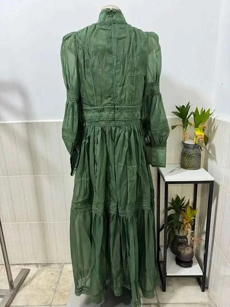 UCXQ Elegant Long Dress Fairy Style Stand Up Collar Lantern Sleeves Splicing Waist Fashion Dresses Women 2025 Spring Autumn 1351 - M & M Global