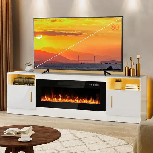 Authenticity guarantee.Fireplace tv Stand with 36 inch Fireplace Up to 80" TVs,LED Light Entertainment Center and Storage, 70" M