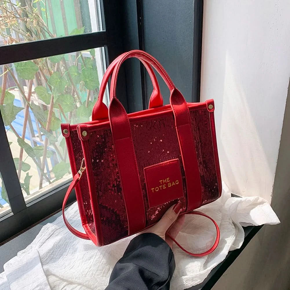 New The Tote Bag Letter Printed Sequins Top-Handle Bag Women Leather Handbag Luxury Designer Glitter Shoulder Crossbody Bag - M & M Global