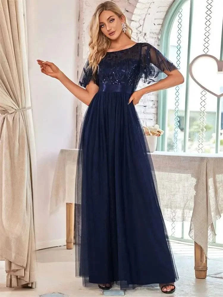 2023 New Women's Burgundy A-Line Sequin Mesh Leaf Maxi Prom Dress Sparkle Evening Dresses O-Neck Short Sleeve Long Dress - M & M Global