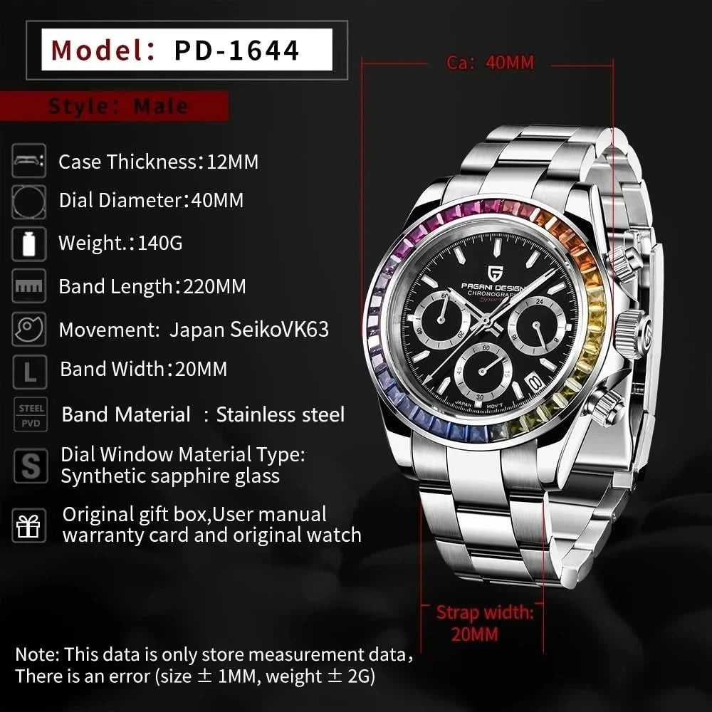 2023 PAGANI DESIGN New Rainbow Bezel Sport Watch Men Quartz Stainless Steel 100MWaterproof Mens Watch VK63 Sapphire Chronograph - M & M Global