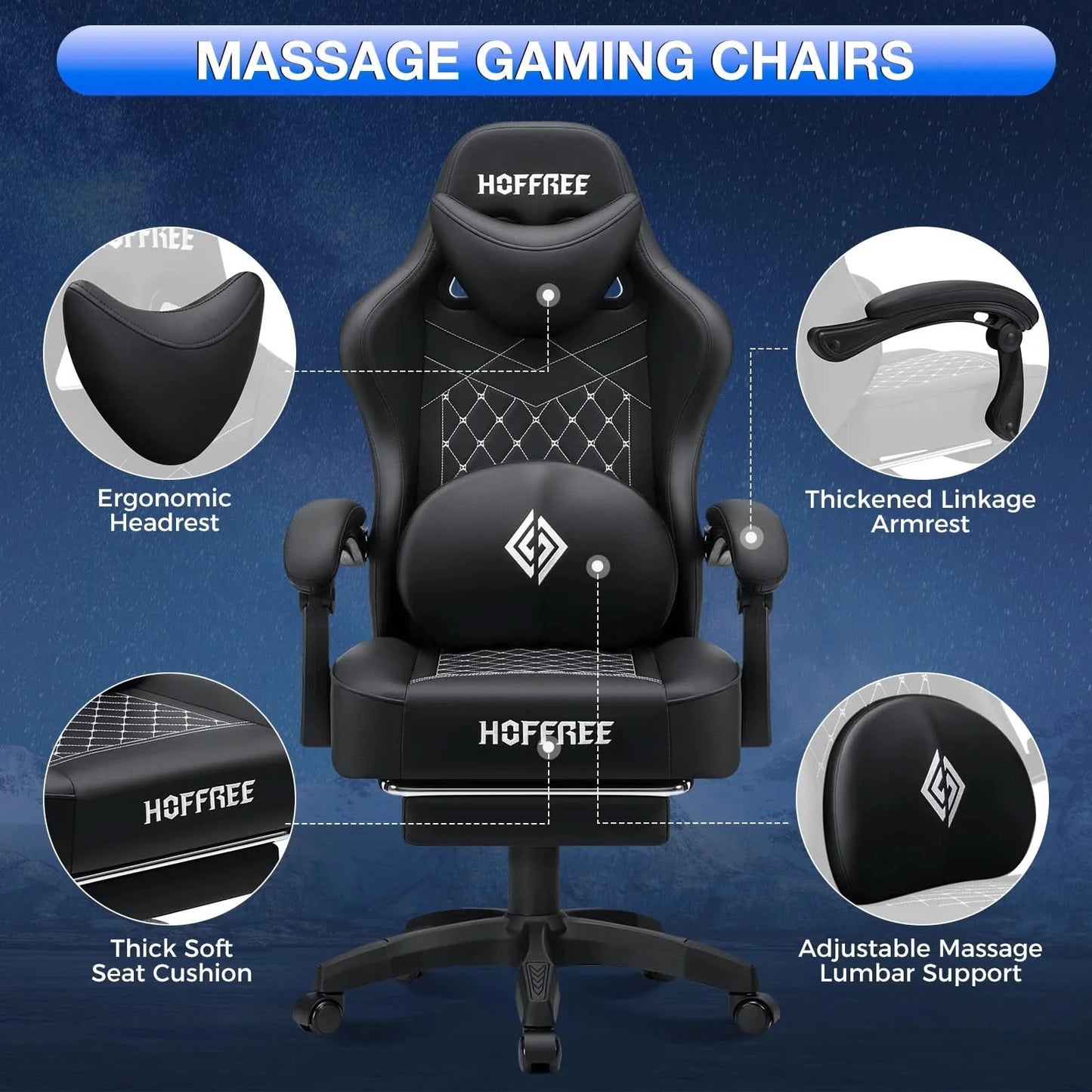 Gaming Chair with bluetooth Speakers RGB LED Lights Ergonomic Massage Video Game Chair with Footrest High Back w/ Lumbar Support