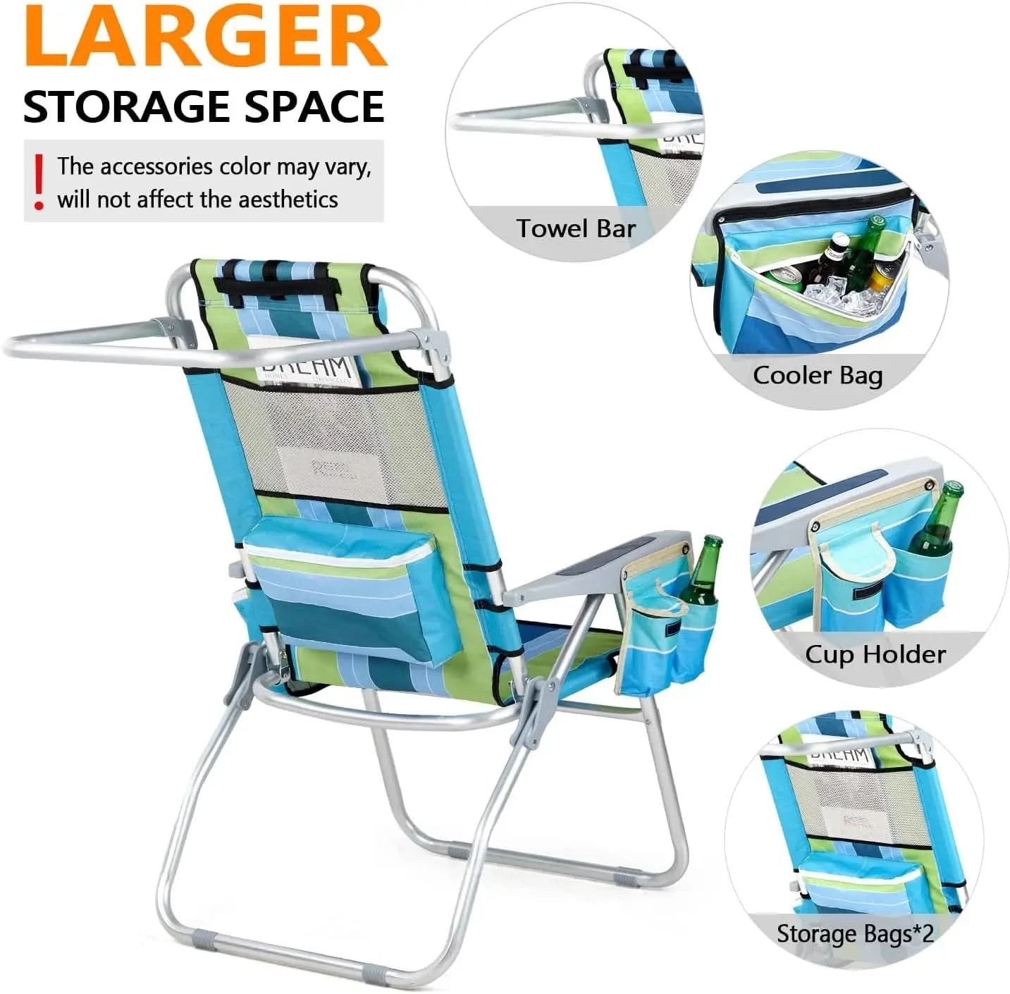 VINGLI Tall Beach Chair 2 Pack, with 5-Position, Cooler Bag, Cup Holders, Towel Bar, Lightweight Folding Beach Camping Chairs