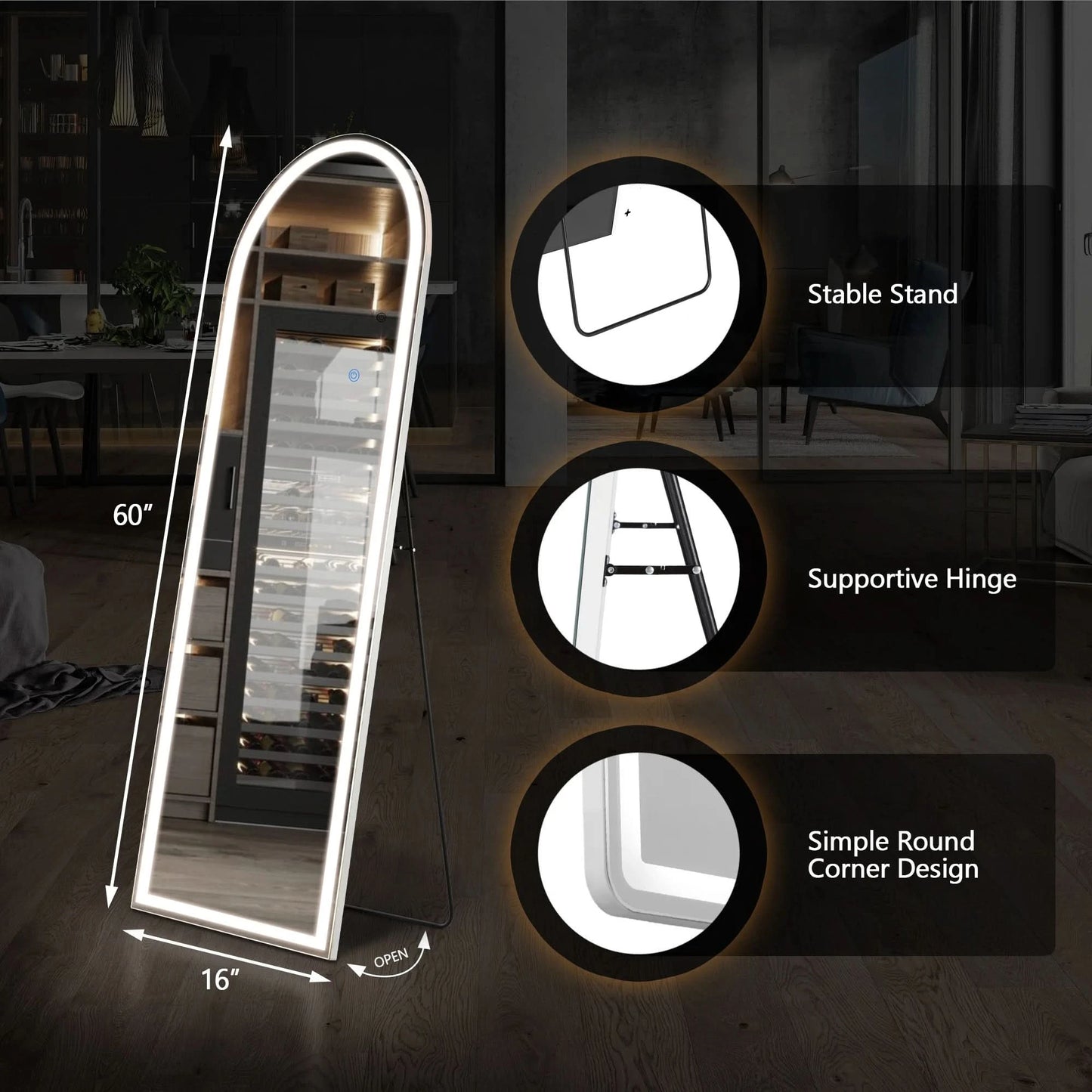JHK Full Body Wall Mirror 59"x16"/64"x21" Standing or Wall-Hanging with Stand Aluminum Alloy Frame Bedroom Cloakroom Decoration