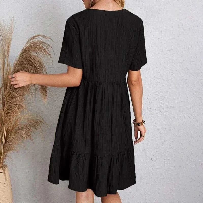 2025 Loose V-neck Short Sleeved Pleated Women Dress Solid Color A-line Beach Dresses Elegant Simple Comfortable Woman Clothing - M & M Global