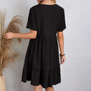 2025 Loose V-neck Short Sleeved Pleated Women Dress Solid Color A-line Beach Dresses Elegant Simple Comfortable Woman Clothing - M & M Global