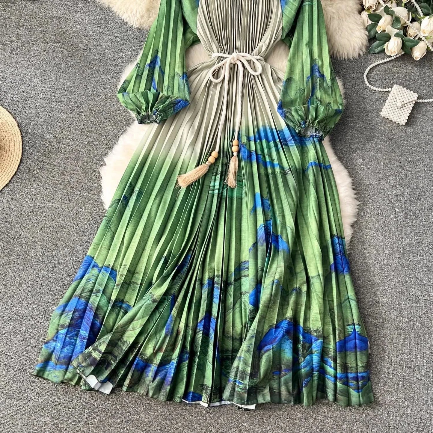Spring Holiday Print Long Dress For Women Fashion Loose Lantern Sleeve Party Robe Female Big Swing Tassels Belt Pleated Clothes - M & M Global