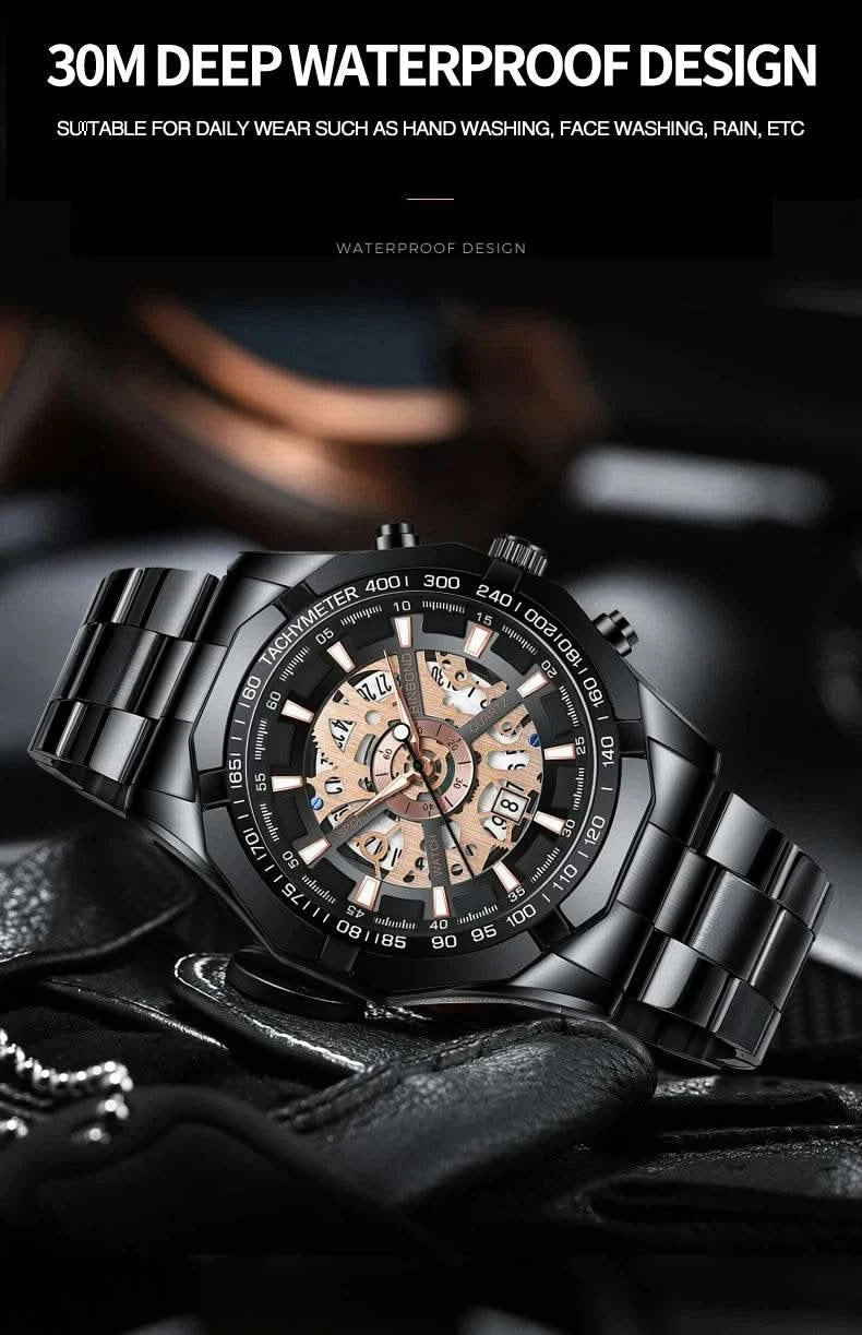 BINBOND Mens Quartz Watches Top Brand Luxury Stainless Steel Waterproof Hollow Out Blue Big Male Wristwatches Relogio Masculino - M & M Global