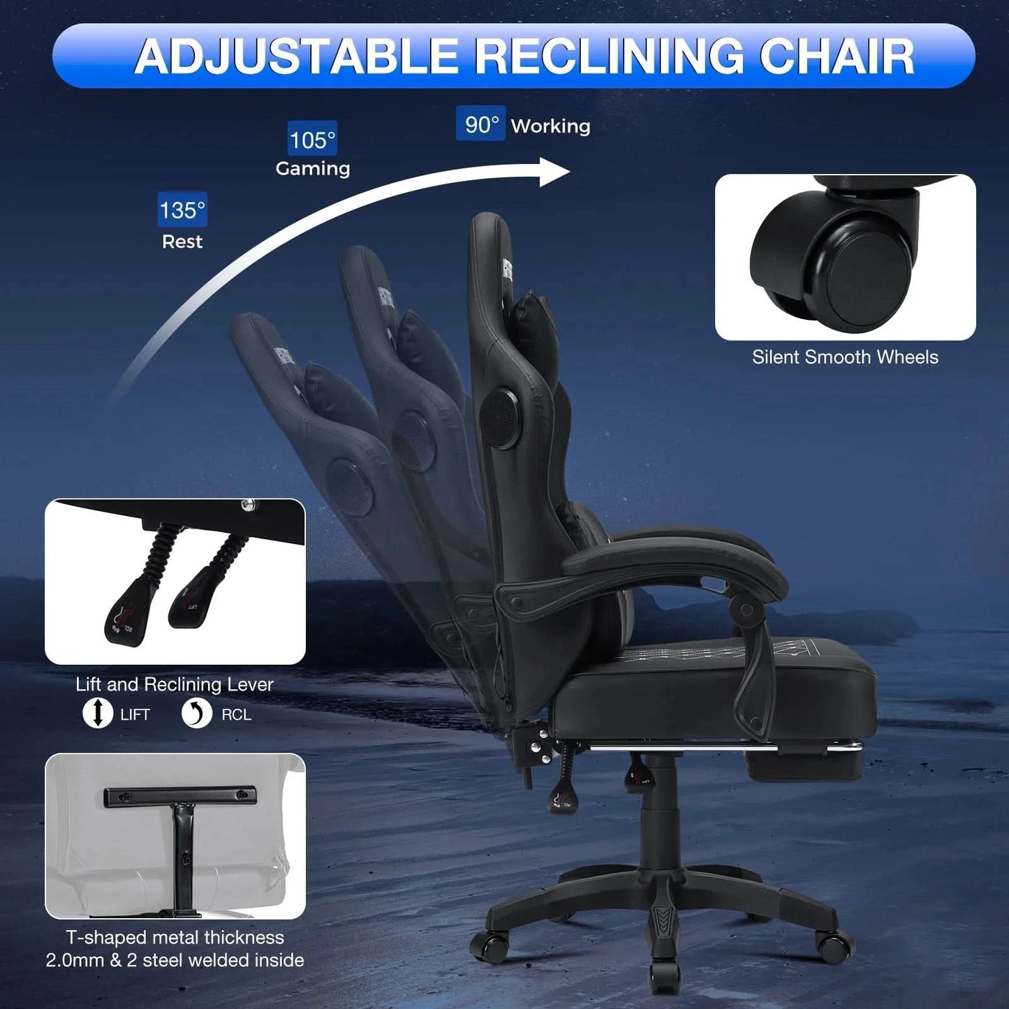 Gaming Chair with bluetooth Speakers RGB LED Lights Ergonomic Massage Video Game Chair with Footrest High Back w/ Lumbar Support