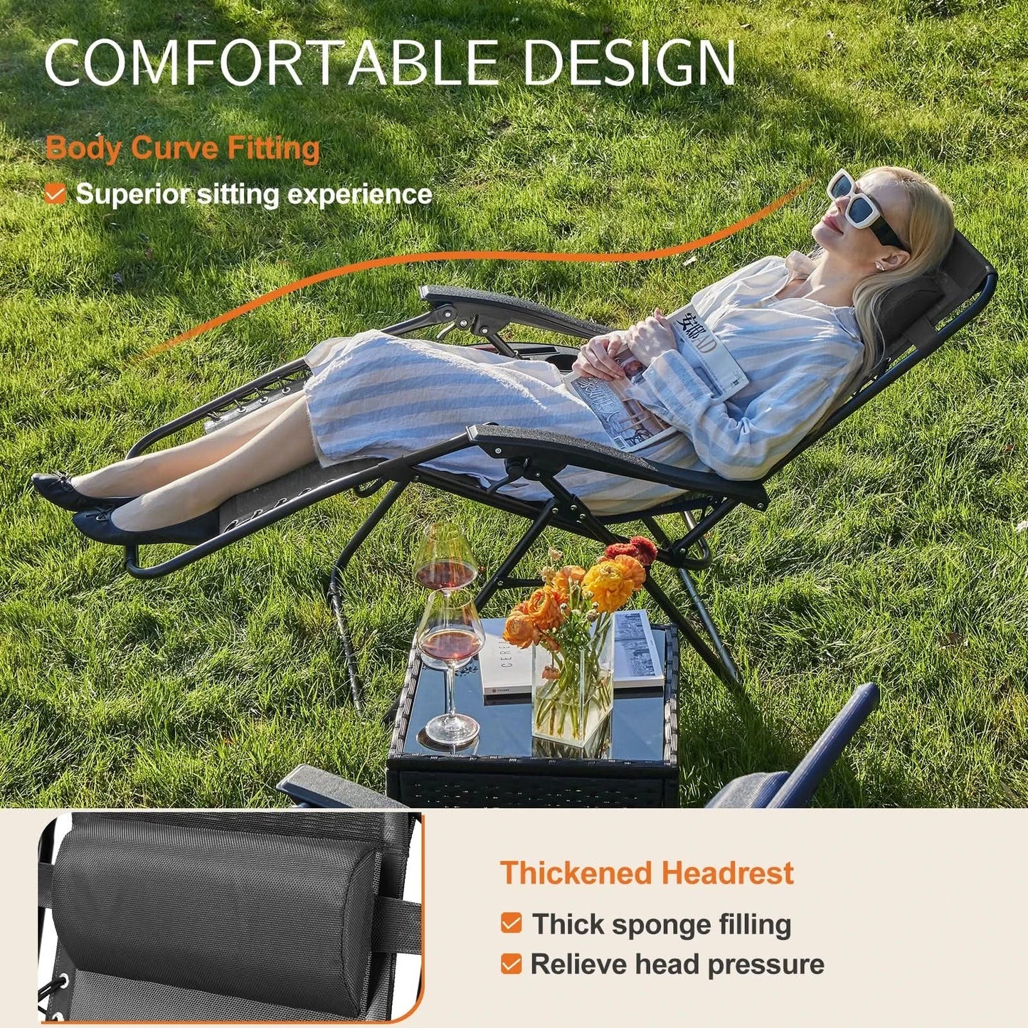JHK Zero Gravity Set of 2 Portable Recliner Camping Patio Outdoor Garden Lounge Chair with Cup Holder Trays Adjustable Pillow