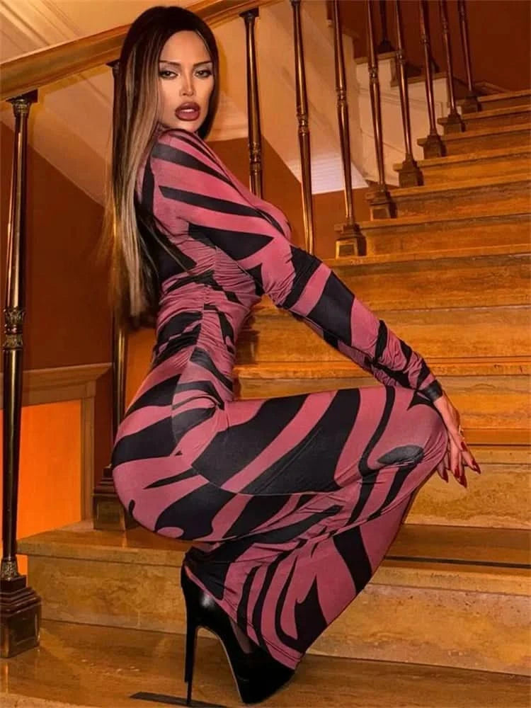 Print Leopard Print Slim Long Dress Women's Fashion Long Sleeve Sexy Party Dress Summer Street Leopard Print Long Dress 2024 New - M & M Global