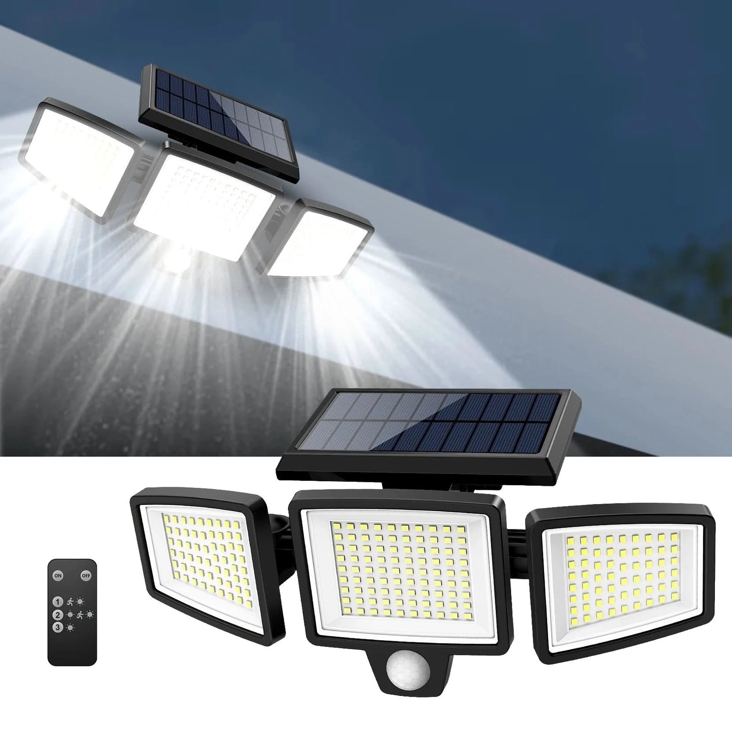 IP65Waterproof Triple Head Outdoor Solar Light, 210LED 2500LM Motion Sensor Safety Light for Porch, Garage, Yard Entrance, Patio - M & M Global