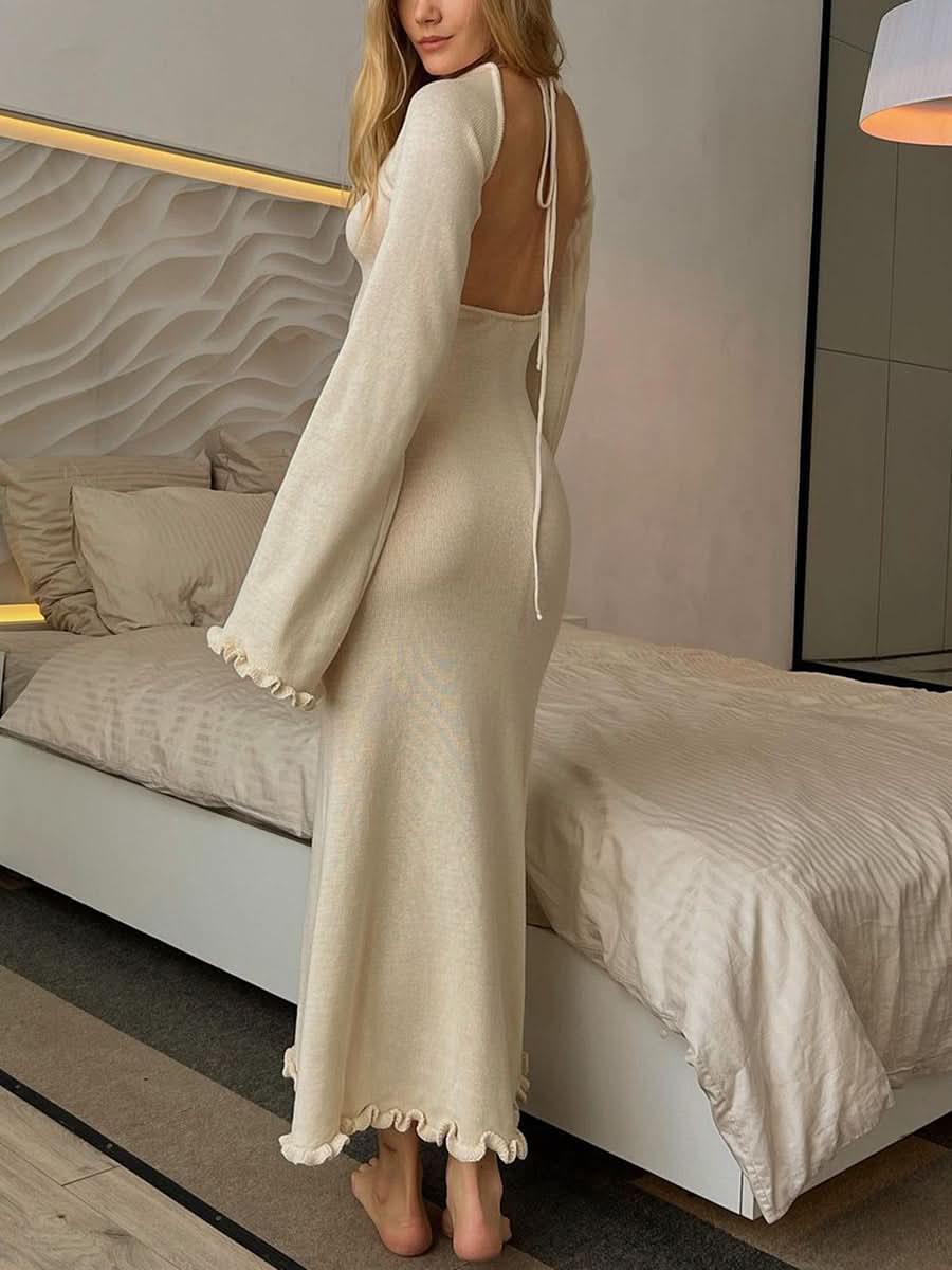 Women Ribbed Knit Ruffle Trim Long Dress Long Sleeve Bodycon  Party Cocktail Dress Flare Summer Beach Cover Up - M & M Global
