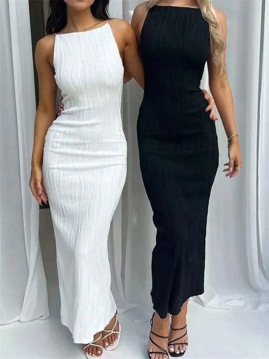 2024 Sexy Women Long Dress Ruched Sleeveless Slim Solid Summer Party Back Split Dress Clubwear Female Vestido Outfits - M & M Global