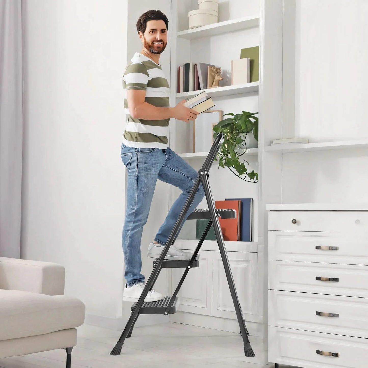 JHK Folding 2/3 Step Ladder Stool with Anti-Slip Pedal 800lbs Capacity Sturdy Steel Portable Cushioned Handle for Kitchen Home