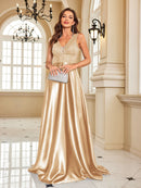 Elegant Sequins Evening Dress For Women 2024 Deep V-neck Satin Prom Party Green Dress Floor Length Blue Formal Gowns