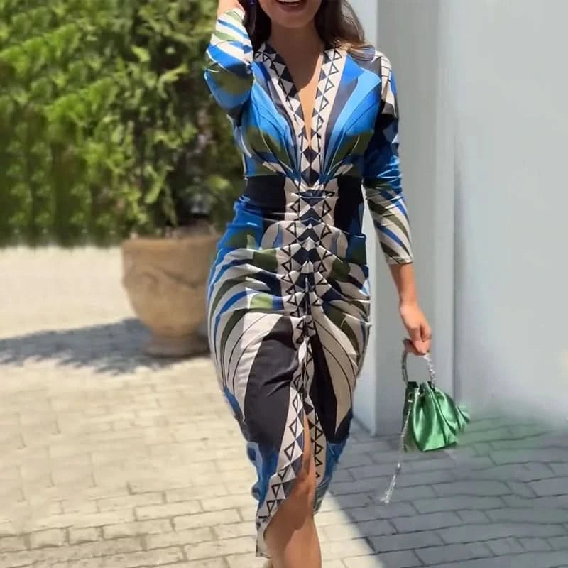 Wefads Long Dress Women Clothing Printed Long Sleeve V Neck Pleated Nipped Waist Slim Slit Casual Dresses Streetwear - M & M Global