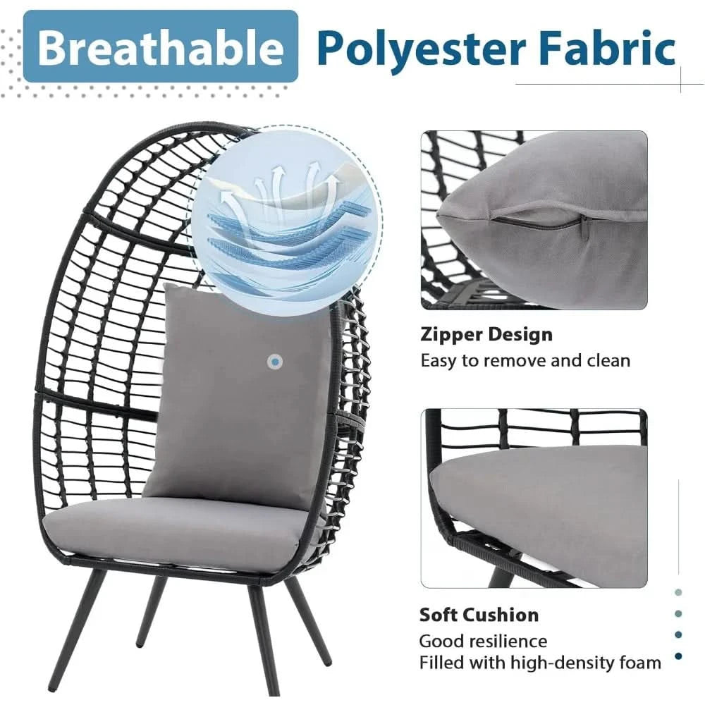 Wicker Egg Chair, Oversized Indoor Outdoor Lounger Large Egg Basket Chair with Stand and Cushions for Patio Porch, Backyar