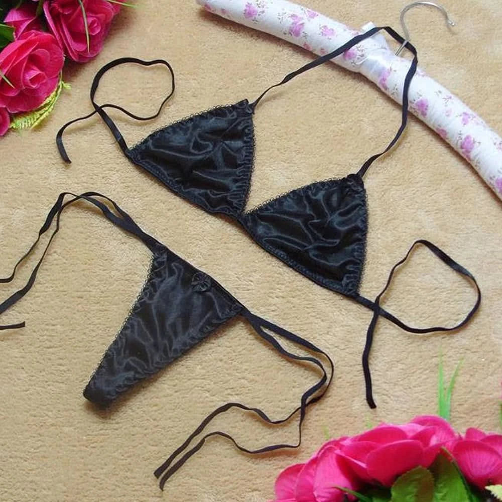 Sexy Lingerie Set Womens Satin Silk Thong Underwear Bra Panties T-back Lace Up Top Briefs Bikini Beach Swimming Bathing Suit - M & M Global